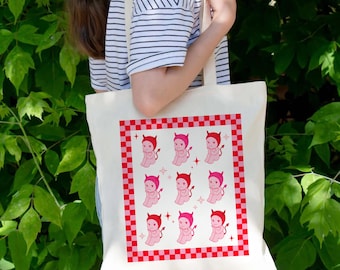 Sac fourre-tout Sonny Angel Cartable rétro réutilisable à carreaux Kewpie chérubin Girly en toile de coton fourre-tout Devil Sonny Sac de courses cadeau Sonny Angel Lover
