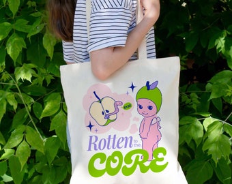 Sonny Angel Tote Bag Kewpie Cherub Rotten to the Core Tote Girly Pastel Cotton Canvas Book Bag Sonny Angel Apple Grocery Tote Gift Trinkets