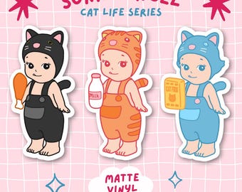 Pegatina de vinilo mate de Sonny Angel para botella de agua, pegatinas troqueladas, pegatinas impermeables para portátil de la serie Sonny Cat Life, pegatinas kawaii