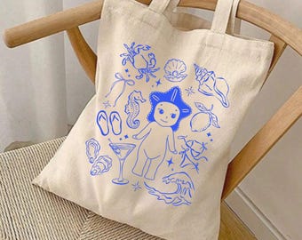 Bolso de mano Sonny Angel, bolso de libros Kewpie Cherub, bolso de lona de algodón con estética de pescador, bolso de supermercado con diseño de ostras, regalo para amantes de Sonny Angel, ambiente veraniego