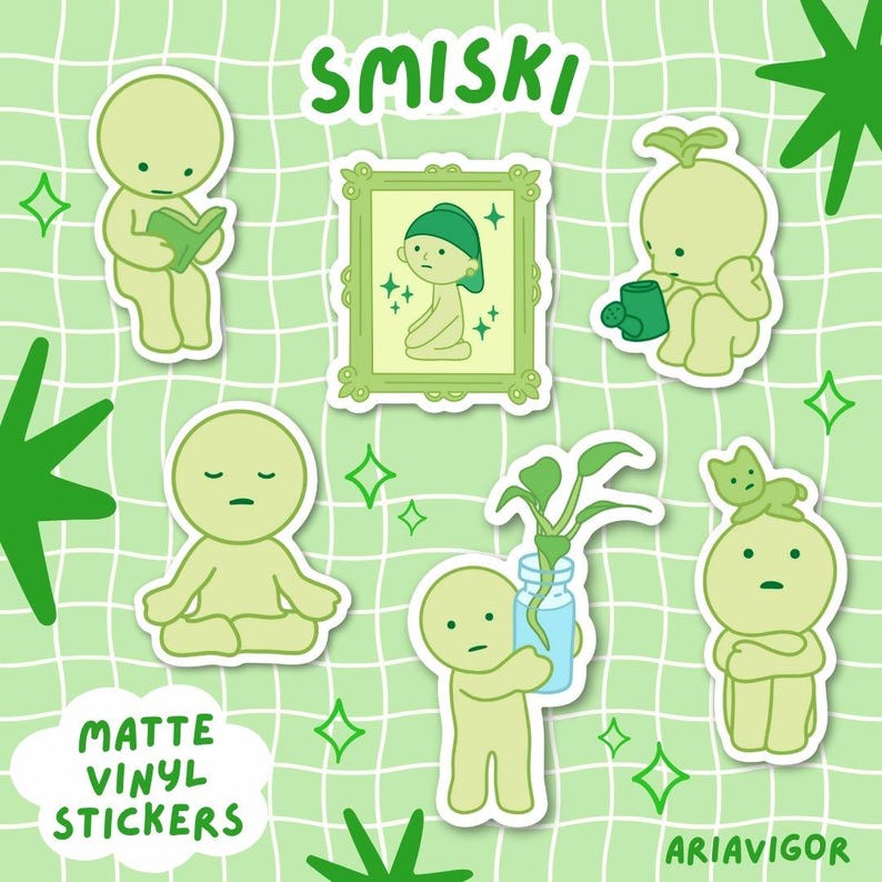 Cute Smiski Sticker Matte Vinyl Stickers for Laptop Smiski Homebody Club Decal Water Bottle Kawaii Sticker Waterproof Trendy Green Guy Gift image 2