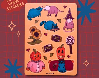 Cute Fall Halloween Sticker Sheet Cozy Matte Vinyl Critter Stickers for Laptop Autumn Raccoon Opossum Pumpkin Funny Stickers Water Bottle