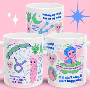 Taza divertida del zodiaco Tauro, regalo de Sonny Angel Tauro, taza de café de cerámica para amantes de la astrología, arte astrológico de querubín rosa, citas divertidas del zodiaco Tauro
