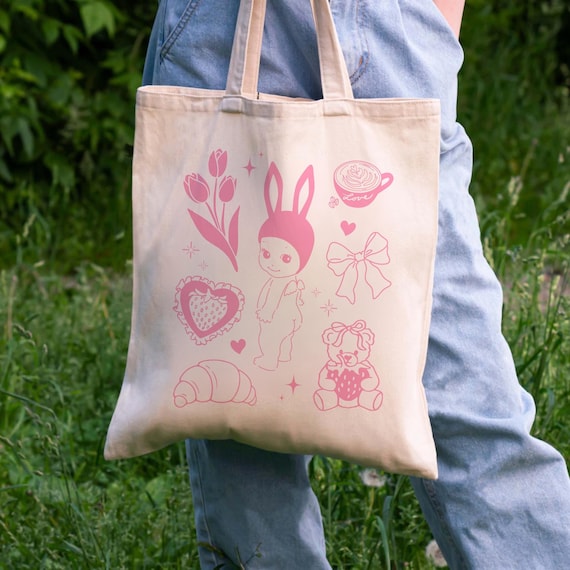 Sonny Angel Tote Bag Kewpie Cherub Book Bag Girly Coquette Bow Soft Girl Cotton Canvas Tote Bunny Sonny Grocery Bag Gift Sonny Angel Lover