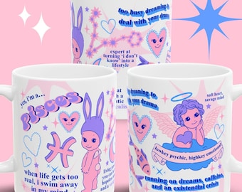 Taza divertida del zodiaco Piscis, regalo de Sonny Angel Piscis, taza de café de cerámica para amantes de la astrología, arte astrológico de querubín rosa, citas divertidas del zodiaco Piscis