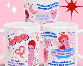 Funny Leo Zodiac Mug Sonny Angel Leo Gift Astrology Lover Ceramic Coffee Cup Kitschy Pink Cherub Astrology Art Leo Zodiac Funny Quotes