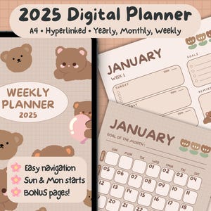 Peut inclure: Un agenda numérique pour 2025 sur le thème de l'ours brun. L'agenda comprend une vue hebdomadaire, mensuelle et annuelle. L'agenda est au format A4 et hyperlié. Le texte "2025 Digital Planner" est en haut de l'image. Le texte "A4. Hyperlinked. Yearly, Monthly, Weekly" est sous le titre. Le texte "WEEKLY PLANNER 2025" est dans un cercle au centre de l'image. Le texte "Easy navigation Sun & Mon starts BONUS pages!" est dans le coin inférieur droit de l'image.