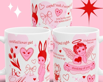 Sonny Angel Valentines Day Mug Pink Kewpie Cherub Ceramic Coffee Cup Galentines Gift for Her Funny Quote Mug Sonny Angel Be Mine Mug Heart