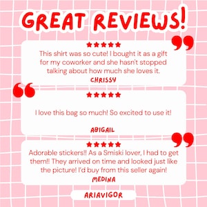 May include: A pink background with a grid pattern features customer reviews. The text "GREAT REVIEWS!" is at the top. Three customer testimonials are displayed in white speech bubbles, each with a five-star rating and a customer's name.