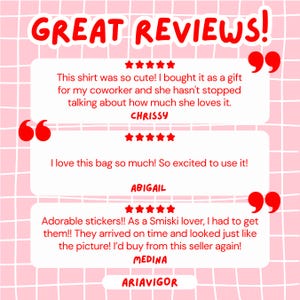 May include: A pink background with a grid pattern features customer reviews. The text "GREAT REVIEWS!" is at the top. Three white speech bubbles contain customer testimonials with star ratings and names: Chrissy, Abigail, and Medina.