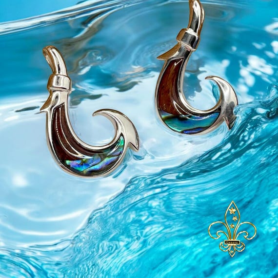 Koa Wood & Abalone Shell Fish Hook Pendant: 925 Sterling Silver