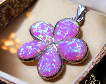 White Opal Plumeria Necklace / White Opal Silver Pendant 25mm