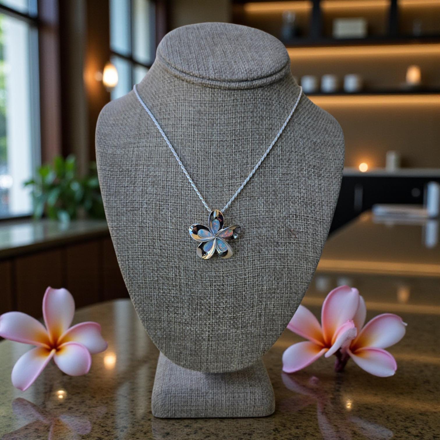 Sterling Silver Opalite Plumeria Flower Pendant, 18