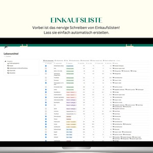 Może przedstawiać: Zrzut ekranu z komputera, na kt&oacute;rym widoczna jest strona internetowa do tworzenia list zakup&oacute;w. Strona jest w języku niemieckim i zawiera listę artykuł&oacute;w spożywczych z polami wyboru obok każdego z nich. Tekst na ekranie brzmi "Einkaufsliste" i "Vorbei ist das nervige Schreiben von Einkaufslisten! Lass sie einfach automatisch erstellen."