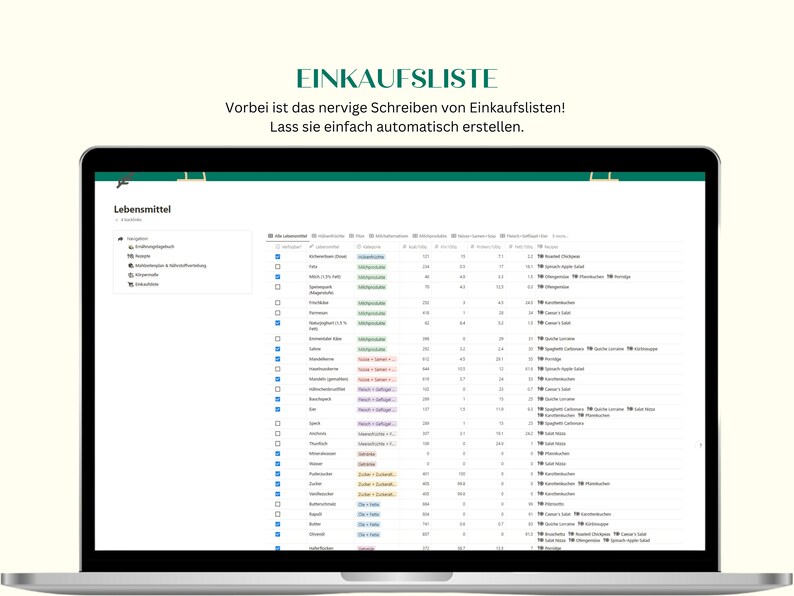 Może przedstawiać: Zrzut ekranu z komputera, na kt&oacute;rym widoczna jest strona internetowa do tworzenia list zakup&oacute;w. Strona jest w języku niemieckim i zawiera listę artykuł&oacute;w spożywczych z polami wyboru obok każdego z nich. Tekst na ekranie brzmi "Einkaufsliste" i "Vorbei ist das nervige Schreiben von Einkaufslisten! Lass sie einfach automatisch erstellen."