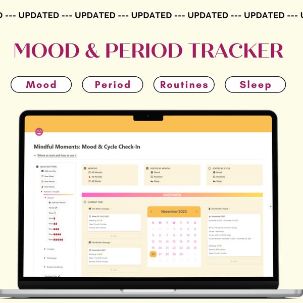 Notion Mood, Period Tracker Template | Sleep, Routines | Habits | Wellbeing | Aesthetic | Minimal | Health | Journal | Diary | Symptoms