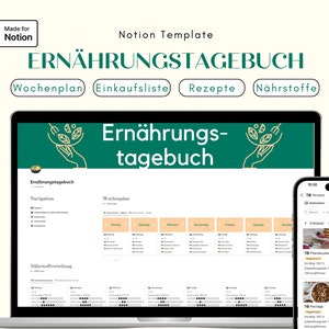 Może przedstawiać: Ekran laptopa wyświetlający szablon Notion dla dziennika żywieniowego, z tytułem "Ern&auml;hrungstagebuch" i zakładkami dla "Wochenplan", "Einkaufsliste", "Rezepte" i "N&auml;hrstoffe". Ekran telefonu pokazuje przepis na "Pfannkuchen" i "Porridge".