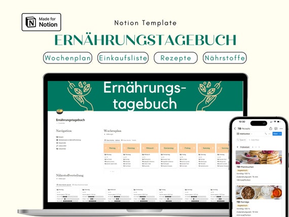 Ernährungstagebuch | Abnehmtagebuch | Daily Food Journal | Rezeptesammlung | Notion Food Diary | Mahlzeitenplanung | Einkaufsliste | Kochen