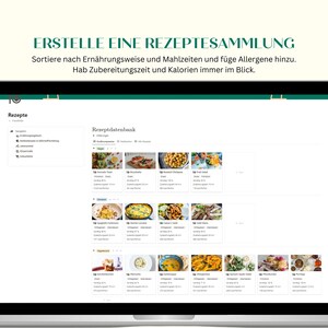 Może przedstawiać: Ekran laptopa wyświetlający stronę internetową z tekstem "Erstelle eine Rezeptsammlung" i siatką obraz&oacute;w r&oacute;żnych potraw. Strona internetowa wydaje się być bazą danych przepis&oacute;w.