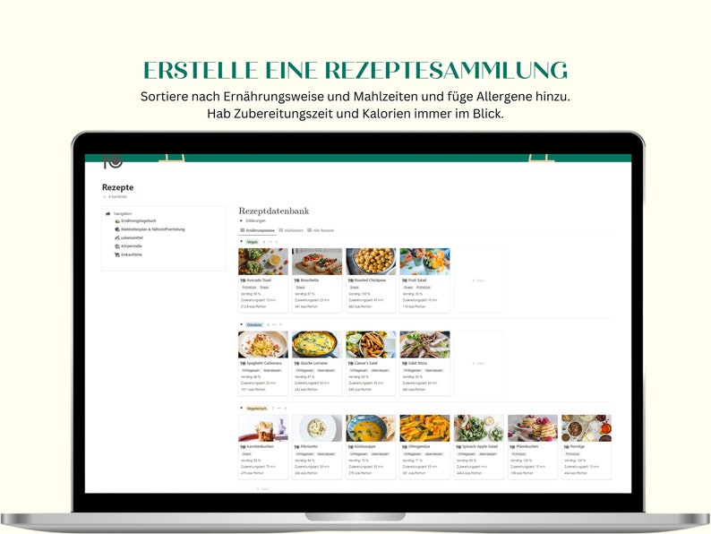 Może przedstawiać: Ekran laptopa wyświetlający stronę internetową z tekstem "Erstelle eine Rezeptsammlung" i siatką obraz&oacute;w r&oacute;żnych potraw. Strona internetowa wydaje się być bazą danych przepis&oacute;w.