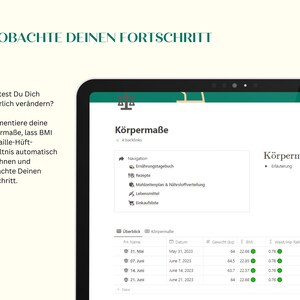 Może przedstawiać: Zrzut ekranu z komputera pokazujący stronę internetową do śledzenia pomiar&oacute;w ciała. Strona jest w języku niemieckim i ma zielono-białą kolorystykę. Strona zawiera sekcję do śledzenia wagi, BMI, stosunku talii do bioder i innych pomiar&oacute;w ciała. Strona zawiera r&oacute;wnież sekcję do śledzenia spożycia jedzenia i ćwiczeń.