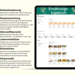 Może przedstawiać: Zielony i biały interfejs aplikacji planera cyfrowego z tekstem "Ern&auml;hrungs-tagebuch" na ekranie. Aplikacja zawiera sekcje do planowania posiłk&oacute;w, gromadzenia przepis&oacute;w, śledzenia wartości odżywczych, list zakup&oacute;w i pomiar&oacute;w ciała.