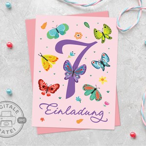 Invitation card for 7th children&#39;s birthday seventh birthday printable in PDF format for girls birthday butterflies digital