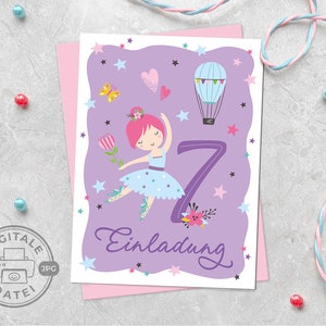 Invitation card for children&#39;s 7th birthday seventh birthday printable in PDF format for girls birthday ballerina digital