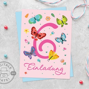Einladungskarte für 6. Kindergeburtstag sechste Geburtstag zum Ausdrucken in PDF-Format für Mädchengeburtstag Schmetterlinge digital