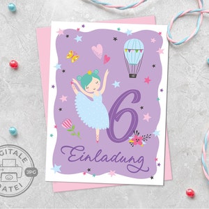 Einladungskarte für 6. Kindergeburtstag sechste Geburtstag zum Ausdrucken in PDF-Format für Mädchengeburtstag Ballerina digital