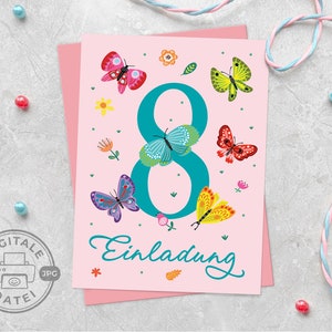 Carte d'invitation pour le 8e anniversaire des enfants huitième anniversaire imprimable au format PDF pour les filles anniversaire papillons numérique