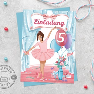 Carte d'invitation pour le 5e anniversaire des enfants cinquième anniversaire imprimable au format PDF pour les filles anniversaire ballerine numérique