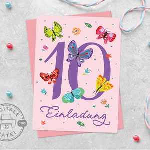 Carte d'invitation 10e anniversaire enfant dixième anniversaire imprimable au format PDF pour filles anniversaire papillons numérique