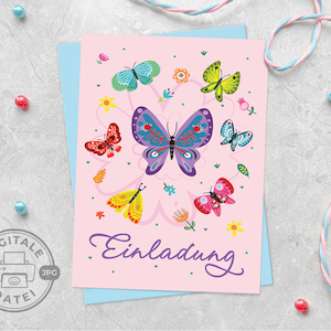 Carte d'invitation PDF imprimable pour l'invitation numérique de papillons d'anniversaire de filles
