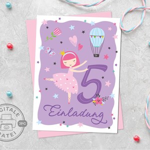 Invitation card for 5th children&#39;s birthday fifth birthday printable in PDF format for girls birthday ballerina digital