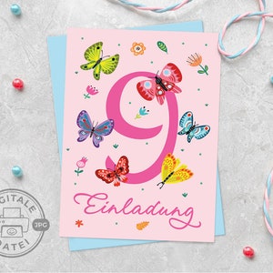 Einladungskarte für 9. Kindergeburtstag neunte Geburtstag zum Ausdrucken in PDF-Format für Mädchengeburtstag Schmetterlinge digital