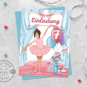 Carte d'invitation pour le 7e anniversaire des enfants septième anniversaire imprimable au format PDF pour les filles anniversaire ballerine numérique