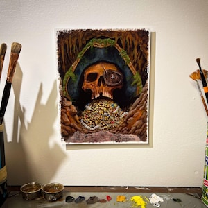 El tesoro de Willy el Tuerto – Arte de fans de Los Goonies / Impresión de calavera pirata / Decoración de películas de los 80 / Mapa del tesoro / Arte mural de cuevas / Impresión de aventuras