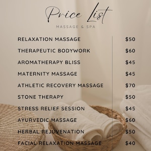 Peut inclure: Une liste de prix beige pour un massage et spa présentant une liste de services incluant massage de relaxation, travail corporel thérapeutique, aromathérapie, massage maternité, massage de récupération athlétique et épilation corporelle.