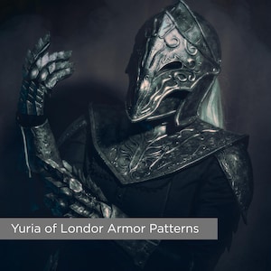 May include: A detailed shot of dark metal armor, including a helmet, shoulder guards, and gauntlets. The armor has intricate patterns and a matte finish. The image includes the text "Yuria of Londor Armor Patterns".