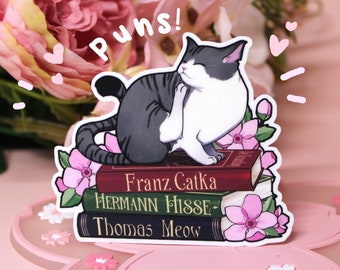 Silver Cat with Book puns and flowers - Sticker Set