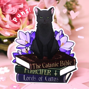 Adesivo con gatto nero catanico con giochi di parole sui libri