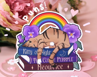 Tabby Cat with queer book puns and flowers - Sticker Set