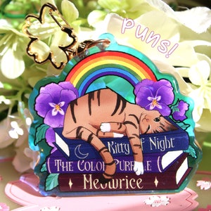 Op de afbeelding: Een regenboog- en paarse bloemenbedel met een slapende kat op een stapel boeken. De boeken zijn getiteld "Kitty F Night", "The Color Purple" en "Meowrice".
