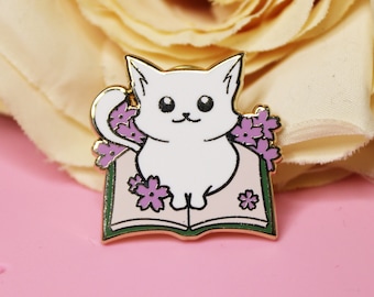 White Kitty on Book - Hard Enamel Pin