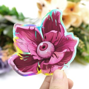 Flower with Eye: Creepy Sticker, Holographic or Satin Matte, Waterproof/Waterresistant - Eyeball Magnolia - Psychedelic Design
