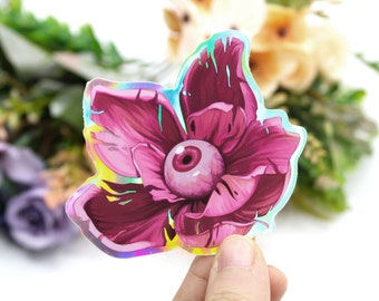 Flower with Eye: Creepy Sticker, Holographic or Satin Matte, Waterproof/Waterresistant - Eyeball Magnolia - Psychedelic Design