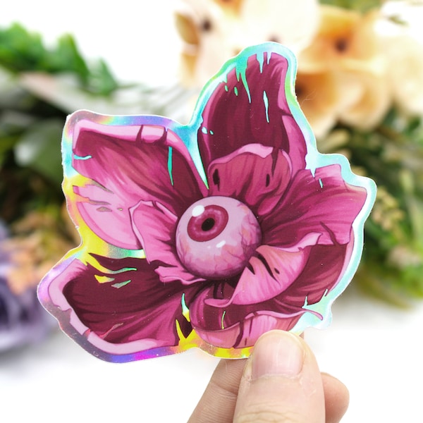 Blumen mit Auge: Gruseliger Sticker, Holografisch oder Satin Matt, Wasserdicht / Wasserfest - Augapfel Magnolie - Psychedelisches Design