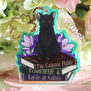 Op de afbeelding: Een zwarte kat met groene ogen zit op een stapel boeken. De boeken zijn getiteld "The Calanic Bible", "PURRCIFER" en "Lords of Cattos". De kat wordt omringd door paarse bloemen en de achtergrond is een groen-blauwe gradiënt. De tekst "PUMS!" staat in roze aan de rechterkant van de afbeelding.
