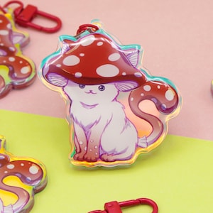 Mushroom Cat Acrylic Charm with Rainbow Effect